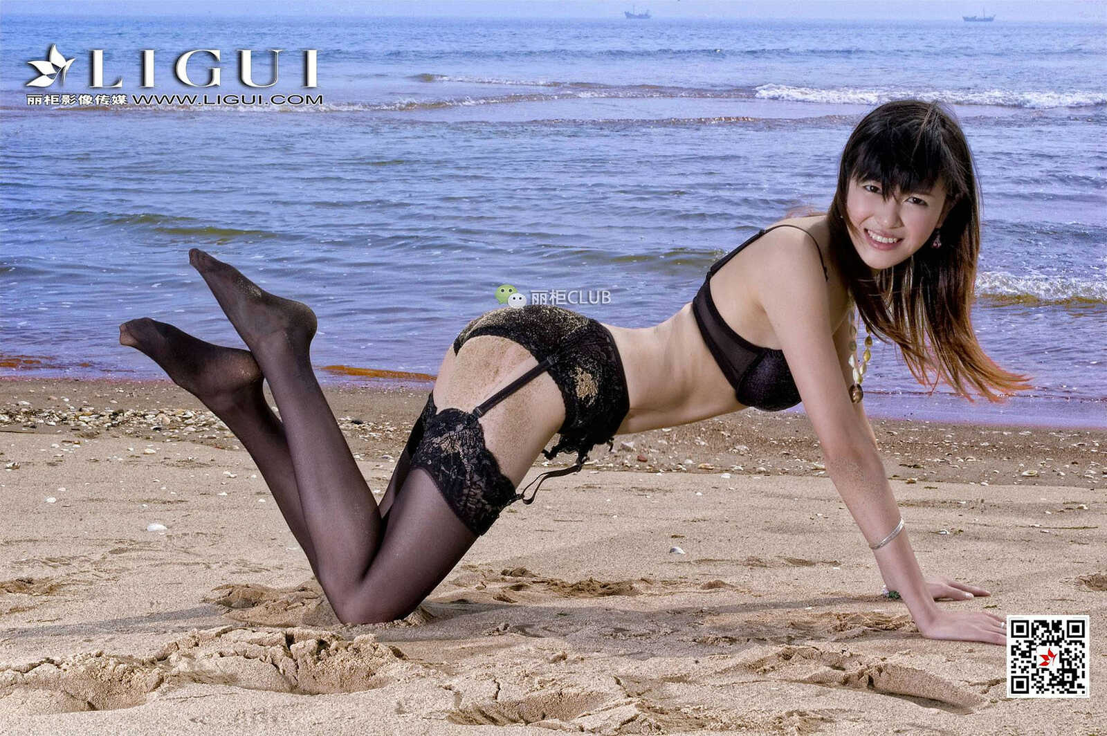 腿模菲儿《沙滩黑丝》 [丽柜Ligui] 写真集第15张